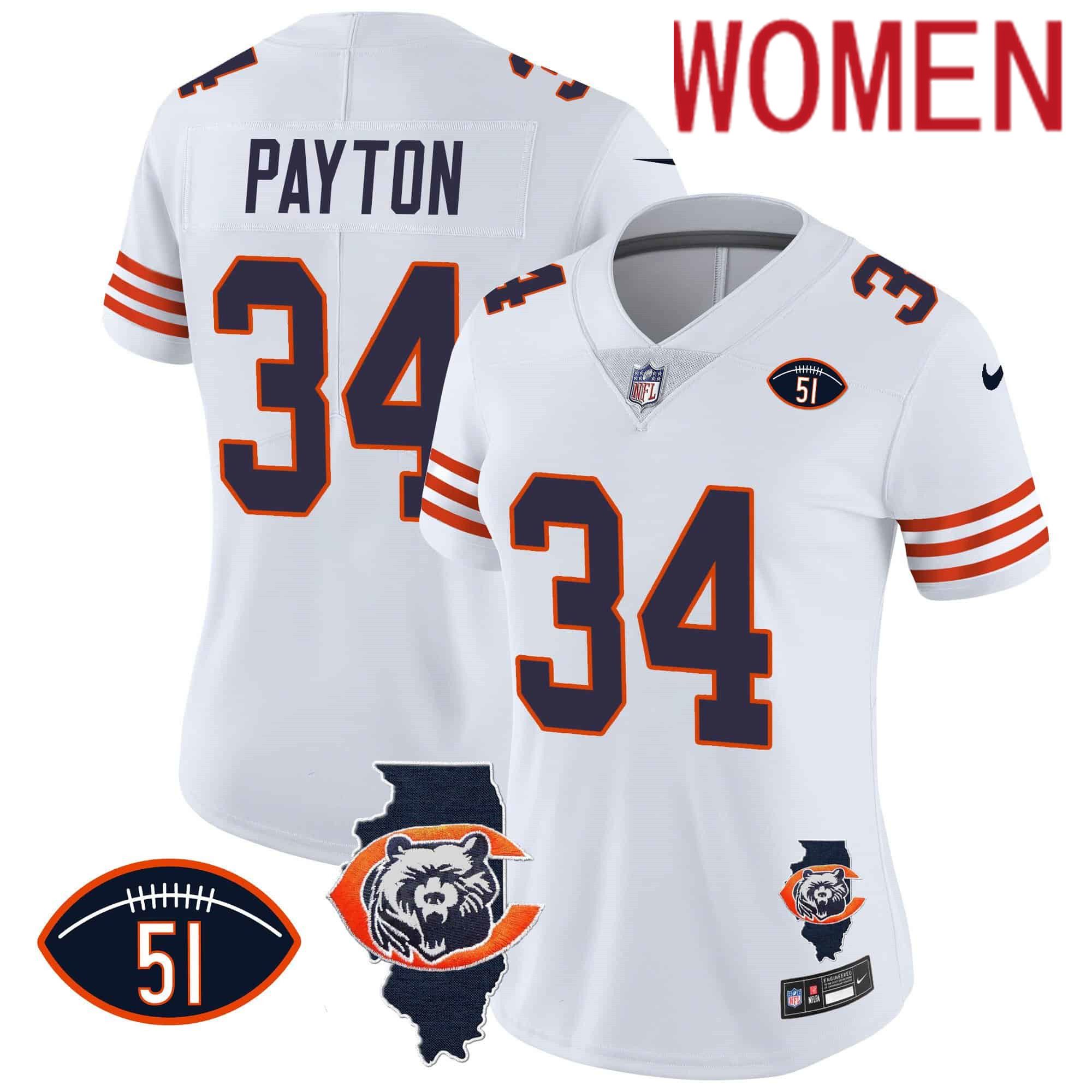 Women Chicago Bears #34 Payton White 2024 Nike Throwback Illinois Patch Vapor NFL Jersey